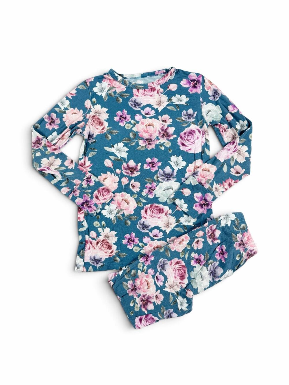 Posh Peanut Girls Floral Bamboo Pajama Set Blue Pink Roses Size 6